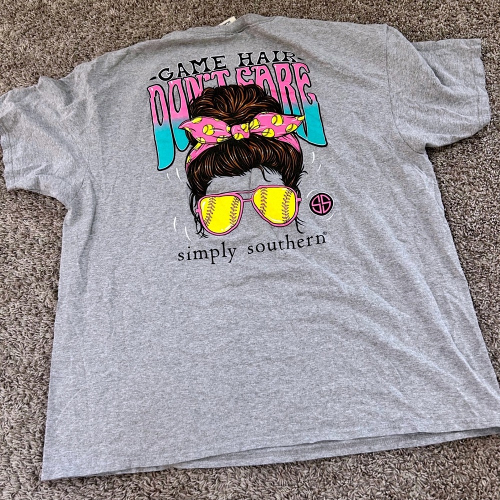 Simply Southern Game Hair Don't Care Softball Graphic T-Shirt Gray XXL